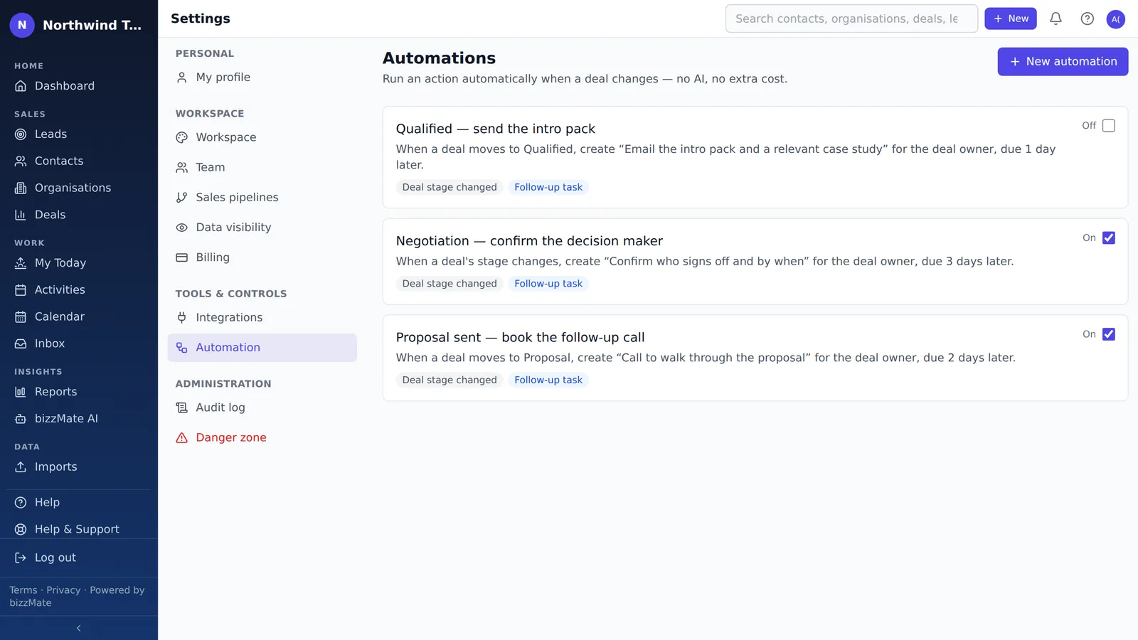 The bizzMate automation settings screen listing three deal-stage rules, each showing the follow-up task it creates, when it is due, and an on/off toggle.