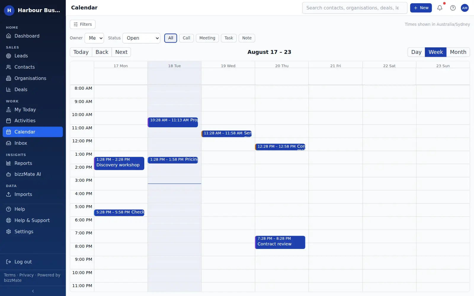 The bizzMate calendar showing scheduled calls, meetings and tasks across the month, each linked to its CRM record.