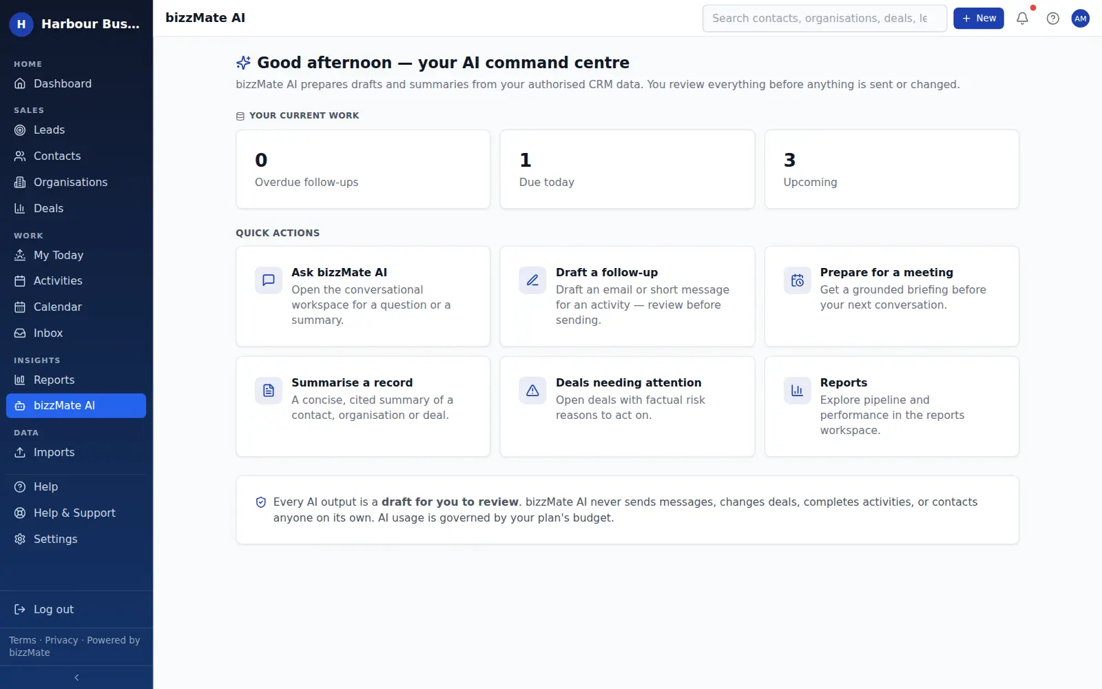 The bizzMate AI command centre showing the user's overdue, due-today and upcoming follow-up counts above quick actions for asking a question, drafting a follow-up, preparing for a meeting and summarising a record, with a notice that every AI output is a draft to review.