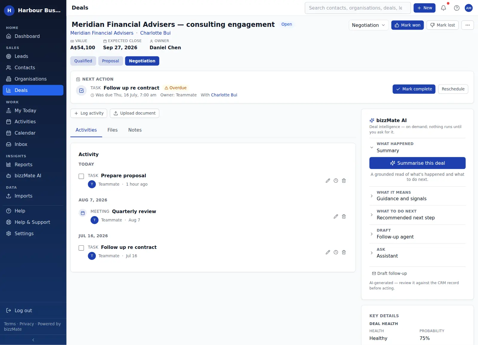 A bizzMate deal record showing value, stage, expected close date and owner, with the linked organisation, primary contact and next activity beside it.