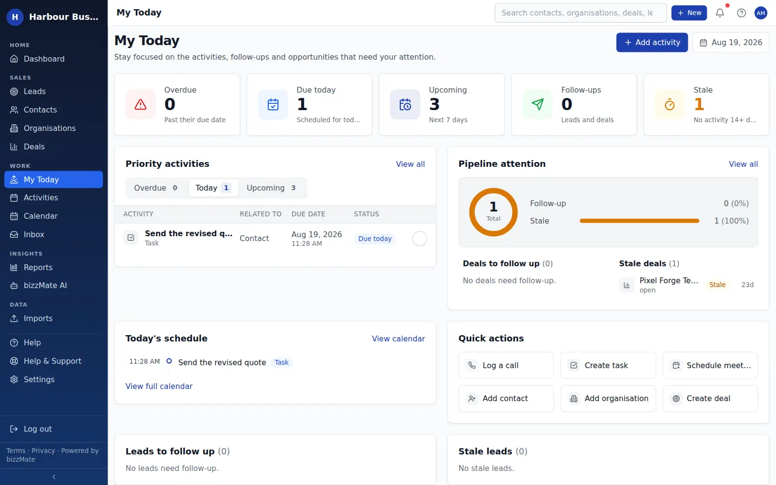 The bizzMate My Today screen showing overdue, due-today and upcoming counts with priority activities, deals needing follow-up and quick actions.